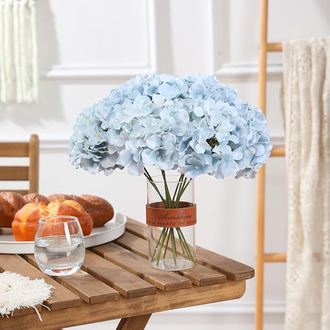 Tifuly Hydrangea Artificial Flowers -12 pcs Realistic Fake Hydrangea Silk Flowers with Stems Faux Hydrangea Flowers Heads for Office Home Party Wedding Centerpiece DIY Floral Decor (Light Blue)