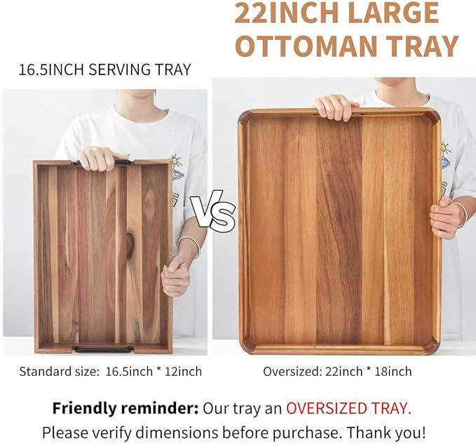 Large Wooden Ottoman Tray, Great 22"x18" Rectangle Trays for Big Ottoman Counter, Huge Kitchen Wood Serving Tray Round Corner, Living Room Coffee Table Decor Centerpiece Organizer Trays