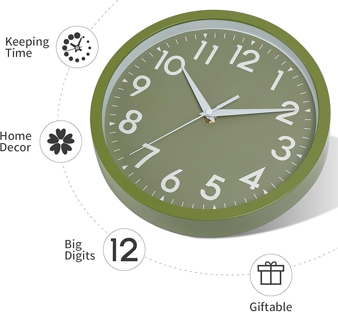 Wall Clock Analog 10 Inch Simple Silent Non Ticking Battery Operated Modern Decorative for Kitchen Office Bedroom Bathroom Living Room(Olive Green)