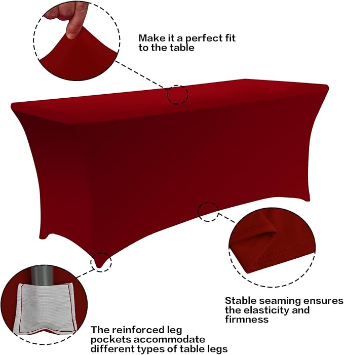 IVAPUPU 2 Pack 6FT Table Cloth for Rectangular Fitted Events Stretch Burgundy Table Covers Washable Spandex Tablecloth Protector for Party, Wedding, Cocktail, Banquet, Festival