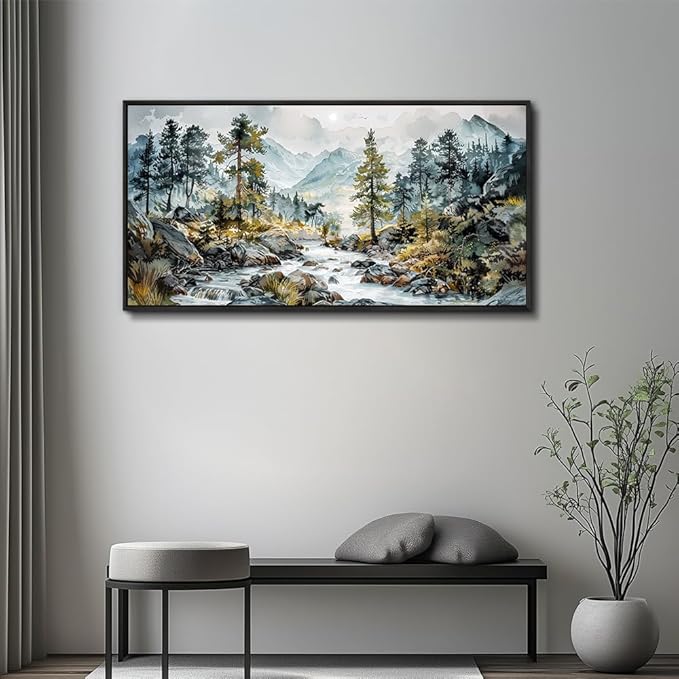 PHAOHUAXM Large Canvas Printing Artworks Wall Art For Bedroom Wall Decor For Living Room Office Home Decor Rivulet View Painting Forest Tree Landscape Watercolour Pictures Black Framed 30x60 In