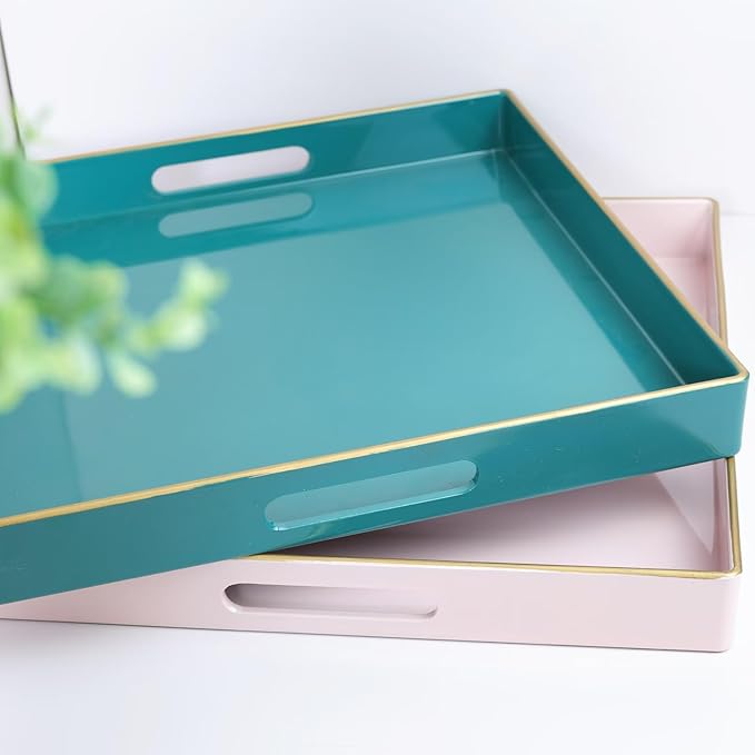 Spsyrine Pink Decorative Serving Tray with Handles, 13" X 13" Square Plastic Coffee Table Tray for Ottoman, Living Room, Bathroom, Home Decor.