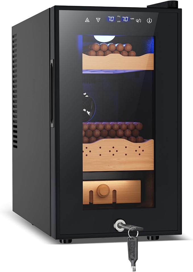 Tylza Cigar Humidor Cabinet 25L, Temp & Humidity Control Electric Humidors for Cigars, 170 Cigars, Digital Hygrometer, Safety Lock, Cigar Humidors with Cedar Wood Drawer Shelves, Cigar Gifts for Men