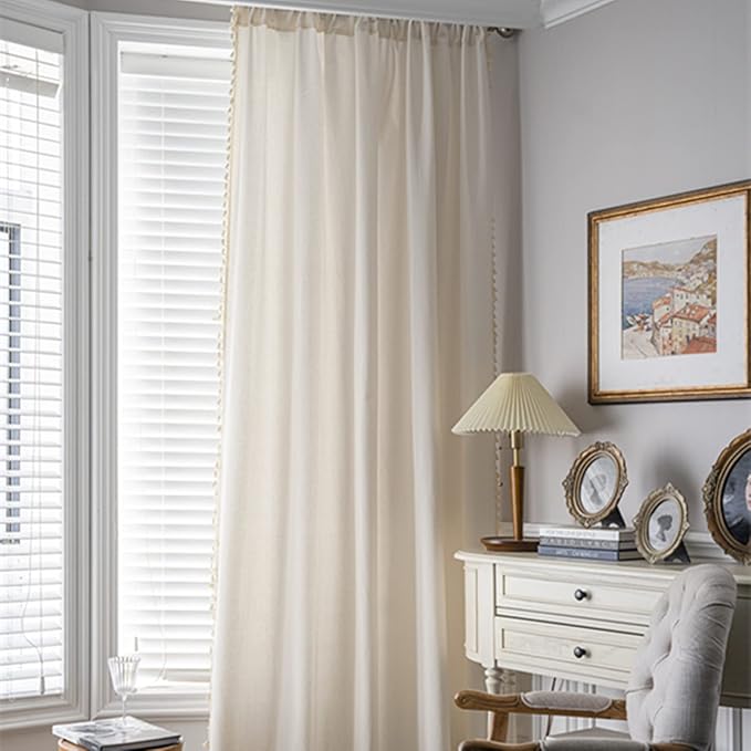 Sutuo Home Boho Curtain with Handmade Tassels, Rod Pocket Window Treatment Vintage Rustic Bohemian French Farmhouse Semi-Blackout Solid Drape for Bedroom, 1 Panel 59" W x 84" L,Cream White