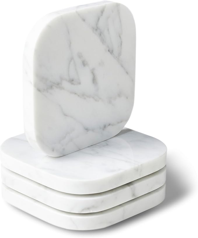 𝐋𝐮𝐱𝐮𝐫𝐲 𝐈𝐭𝐚𝐥𝐢𝐚𝐧 100% Marble Tile Coasters – Set of 4 – Square Modern Bar Coasters for Drinks, Coffee –Stone Holder for Home Décor, Housewarming Gifts (Carrara White)