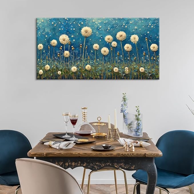 LASMOND Teal Dandelion Wall Art for Living Room Abstract Blowball Canvas Painting Prints Large Flower Floral Grassland Bedroom Decoration Modern Artwork Decor (40x20 Inches)