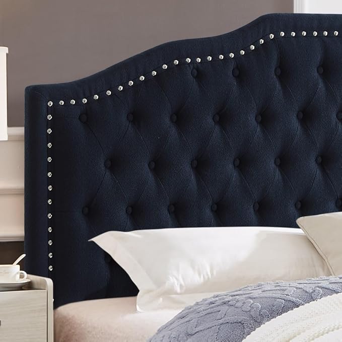 24KF Upholstered Button Tufted King Size Headboard with Nailhead Trim, Elegant Boucle Fabric California King headboard, 6031-K-Boucle-Navy