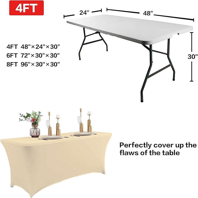 IVAPUPU 2 Pack 4FT Table Cloth for Rectangular Fitted Events Stretch Champagne Table Covers Washable Cover Spandex Tablecloth Protector for Party, Wedding, Cocktail, Banquet, Festival