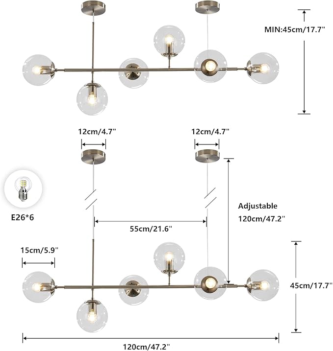 KCO Lighting 6 Light Bubble Glass Pendant Light Mid Century Modern Globe Sputnik Chandelier Linear Chandelier Lighting Brushed Nickel Hanging Light Fixture for Kitchen Island Dining Room