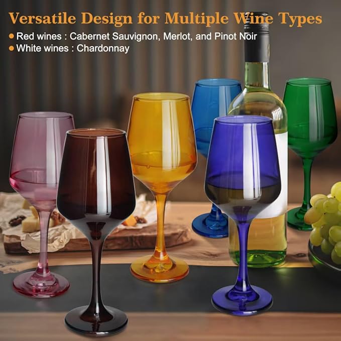Colored Wine Glasses Set of 6-12oz Colorful Long Stem Wine Glass Cups, Multi Color Pretty Crystal Glassware, Hand Blown Goblets Drinkware, Unique Drinking Stemware Holiday Gift Set for Women