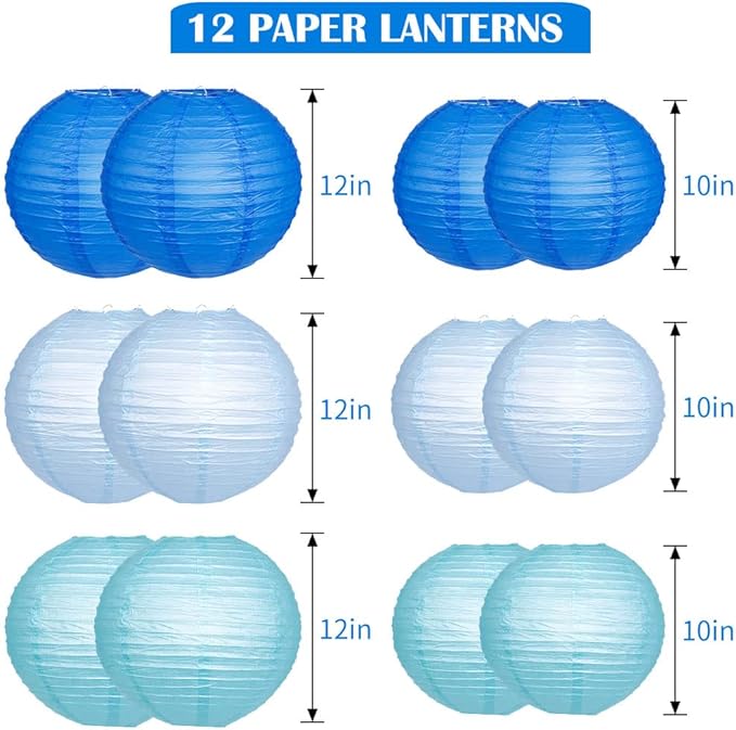 Paper Lanterns Decorative, Blue Hanging Paper Round Chinese Lanterns with Lights for Wedding Graduation Birthday Party 12 LED Light Pack of 12