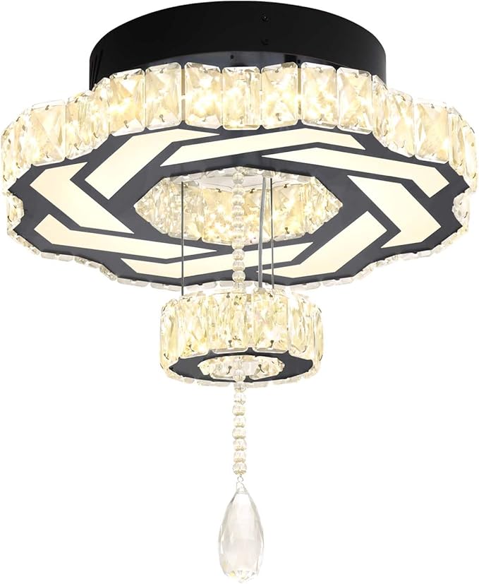 Flashing God 16 Inch Mini Chandelier Modern Crystal Chandeliers Light Semi Flush Mount Ceiling Light Fixture Small Black Chandelier for Bedroom Hallway Kitchen Foyer