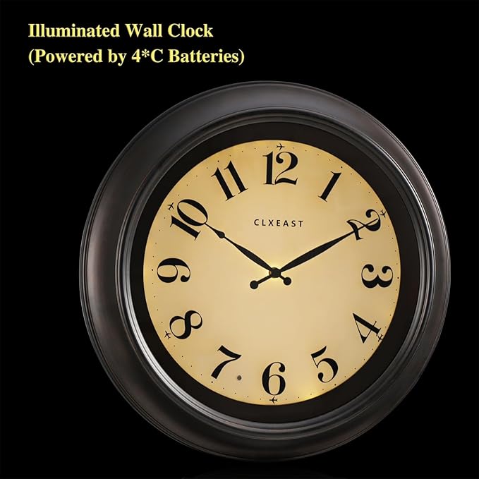 CLXEAST 18 Inch Large Illuminated Wall Clock with AI Smart Night Light Sensor,Modern Farmhouse Wall Clocks for Living Room,Bedroom,Bathroom, Kitchen, Home Office,Oil Rubbed Bronze Black