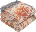 Boho Fall Throw Blanket for Bed，100% Ultra Cotton Soft Breathable Bed Throw Floral Printed Farmhouse Decor Rustic Bed Throws for Couch Sofa Quilt 60" x 80"-Orange& Sage Green