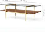 X-Large Rectangle Glass Coffee Table, Mid-Century Modern Design, for Living Room, L47 x W24 x H17 Inch, Clear Glass Top and Walnut MDF Shelf, Sleek Conical Legs with Gold Finish Frame