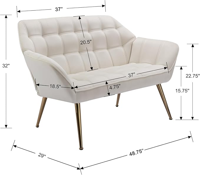 48" Small Loveseat for Small Spaces, Modern Sherpa Mini Sofa Couch 2-Seater Velvet Love Seat with Quilting Back and Gold Legs for Living Room/Bedroom, Cream