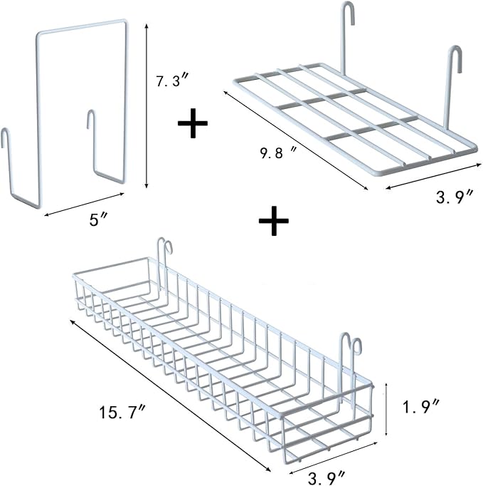 FRIADE Wall Grid Panel Hanging Basket with Hooks,Bookshelf,Display Shelf,Wall Organizer and Storage Shelf for Home Supplies,1 Set of 3 (White)