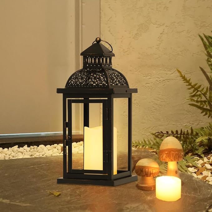 NEEDOMO Lanterns Decorative Indoor & Outdoor, 15'' Lantern with LED Candle, Vintage Metal Hanging Lanterns for Patio, Front Porch,Yard, Table, Spring (NO Glass)