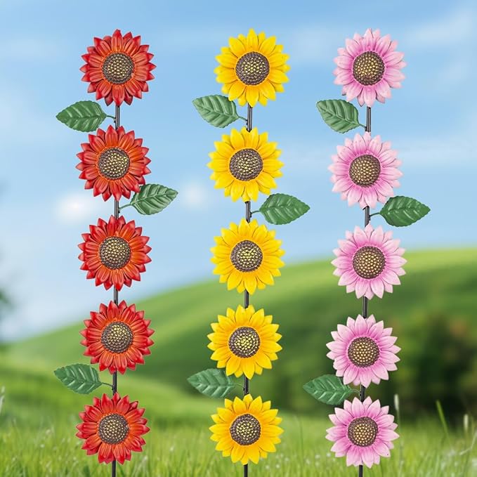 3 Pack Sunflowers Garden Stakes Decor,Metal Yard Art Decorative Garden Stakes,Metal Flowers Spring Garden Decor for Outside,Landscape,Patio(22.6 * 4.7IN)