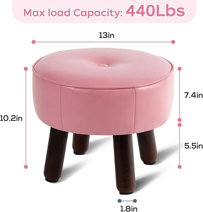 Small Foot Stool Round Pouf Ottoman, 13'' Leather Foot Rest with Non-Skid Rubber Legs, Foolstool Ottomans for Couch, Sofa Footrest Step Stool for Living Room Bedroom Entryway Office, Pink