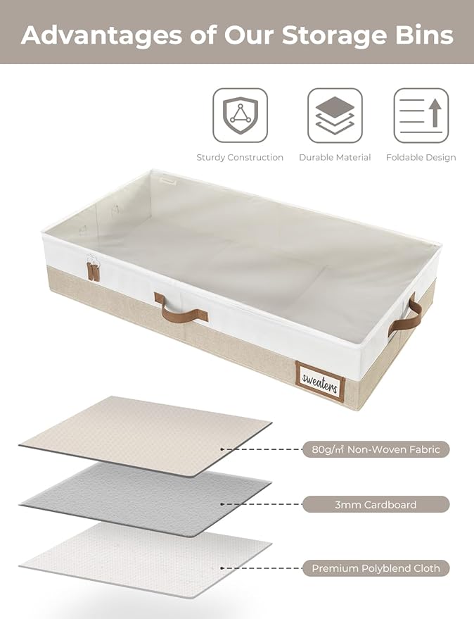 StorageWorks Large Under Bed Storage Containers with Handles and Label Holder, 2 Pack Ultra-thick Fabric Underbed Bins, Closet Organizer for Clothes, Blankets, Sweater