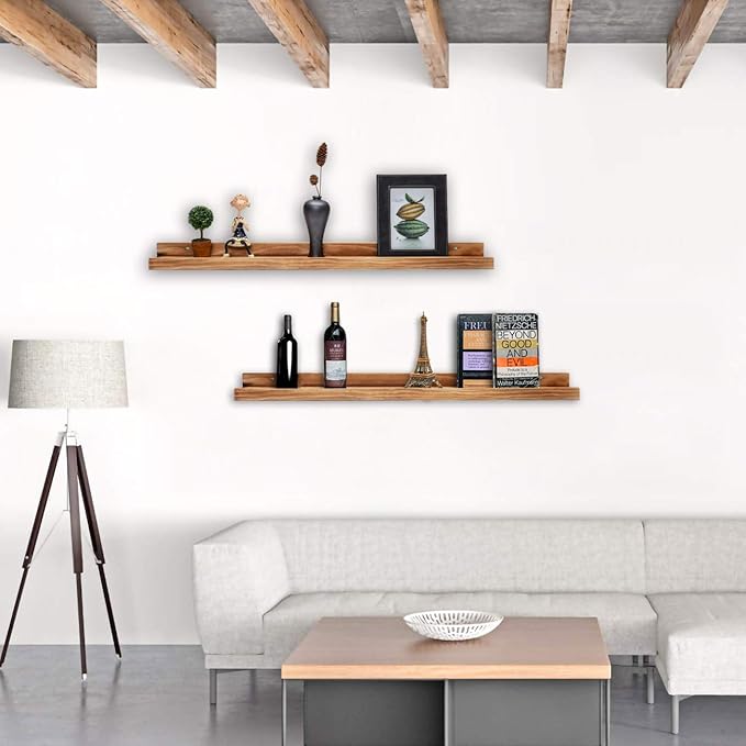 AZSKY 24" Floating Wall Ledge Shelf Wood Picutre Shelf Wall Mounted Nursery Kids Bookshelf Spice Rack Bathroom Storage Shelves Display Organizer Set of 2