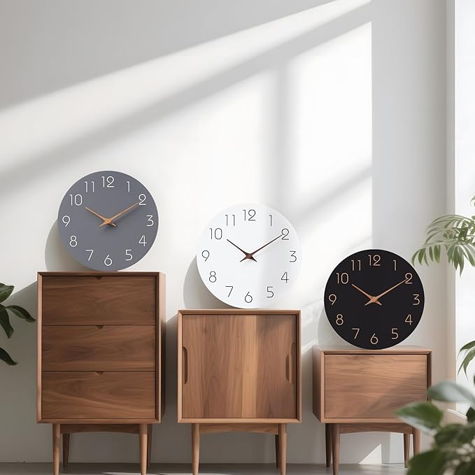 Mosewa Wall Clock 8 Inch Gray Battery Operated Silent Non Ticking Simple Modern Wood Clock Decorative for Bedroom Living Room Kitchen Home Bathroom Office