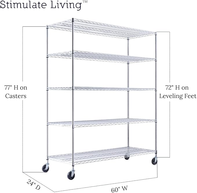 60"x24"x72" PRIME HEAVY DUTY Chrome 5-Tier Wire Shelving NSF 3000 LBS MAX Capacity Storage Rack for Commercial, School, Home, Garage, Warehouse, Industrial, and Hospital Uses (with Wheels)