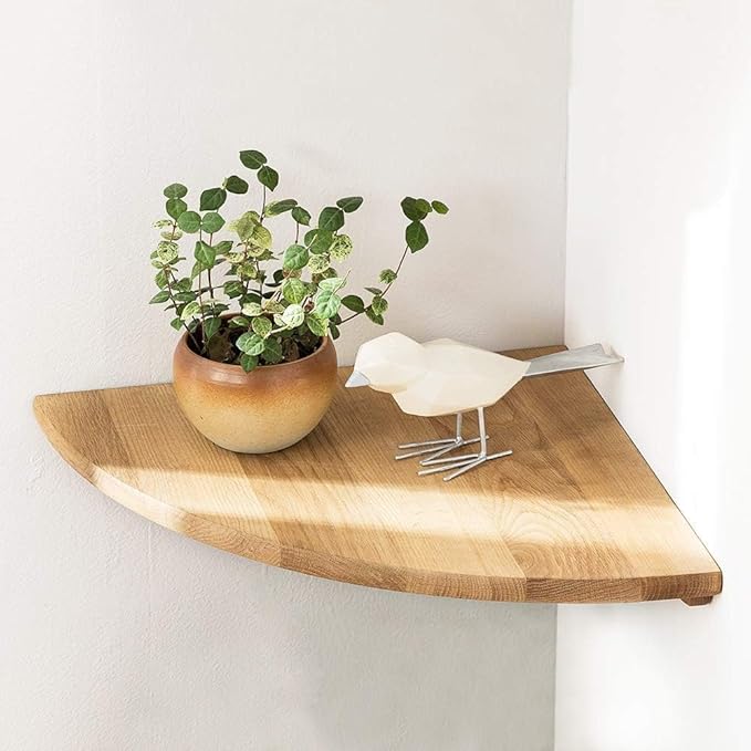 Corner Shelf, Solid Oak Wood Floating Corner Shelf Wall Mount Round End Floating Speaker with Wire Hole for Small Plant Photo for Bedroom Kitchen, Living Room