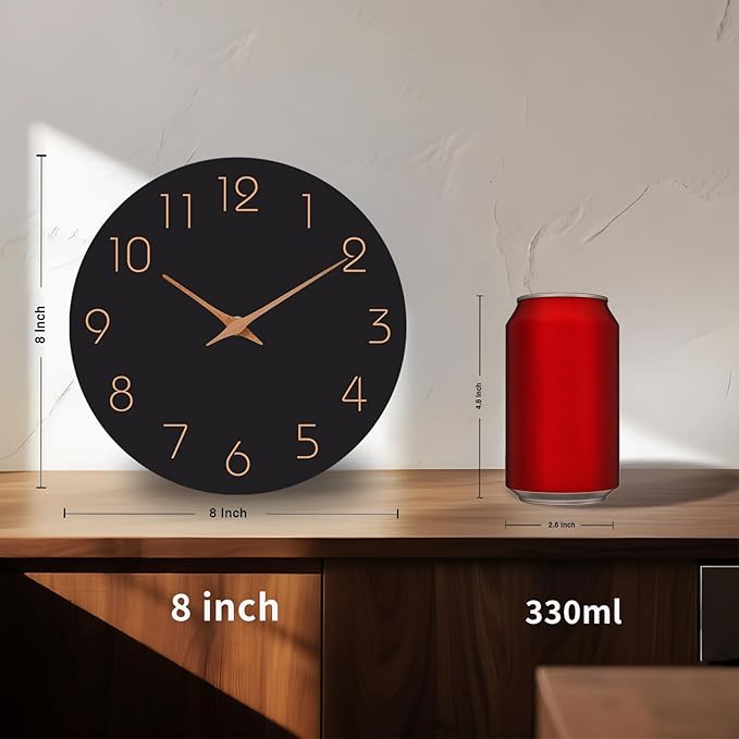 Mosewa Wall Clock 8 Inch Black Battery Operated Silent Non Ticking Simple Minimalist Rose Gold Numbers Decorative for Bedroom Living Room Kitchen Home Bathroom Office