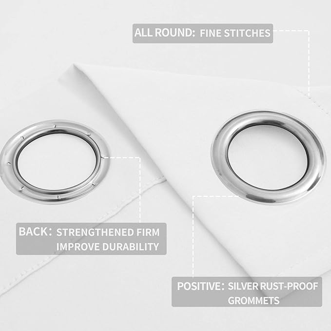 Easy-Going Blackout Curtains for Bedroom, Solid Thermal Insulated Grommet and Noise Reduction Window Drapes, Room Darkening Curtains for Living Room, 2 Panels (52x63 in,White)