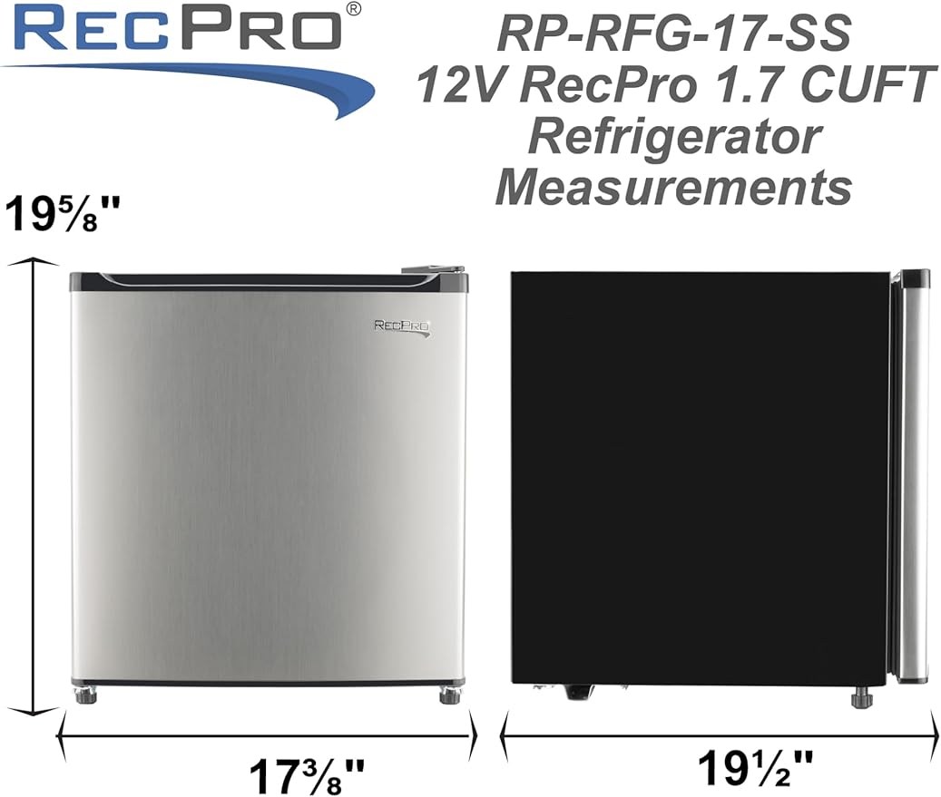 RecPro 1.7 Cu Ft 12V RV Refrigerator | Compact Fridge with Reversible Door, 2L Bottle Door Storage, 7 Temp Settings | Eco-Friendly R600A, Leveling Feet, Wire Shelf | 19.5”H x 17.5”W x 19.8”D