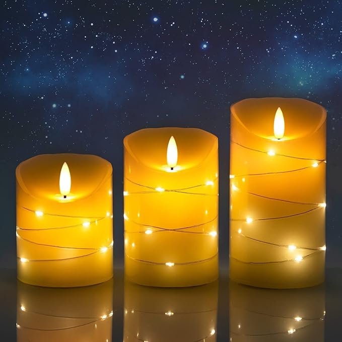 DANIP Ivory LED flameless Candle, with Embedded Star String, 3-Piece LED Candle Set, with 11 Button Remote Control, 24-Hour Timer Function, Dancing Flame, Real Wax, Battery Powered. (Ivory)