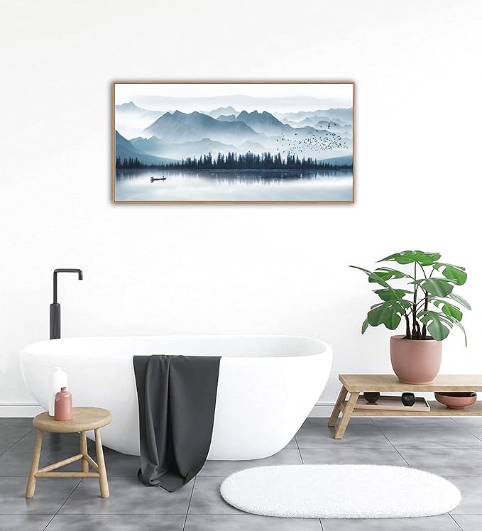 Indigo Framed Canvas Wall Art Misty Mountain Wall Pictures Foggy Lake Boat Canvas Painting Prints Forest Birds Canvas Wall Decor for Living Room Bedroom Decorations Framed 20" x 40" Natural