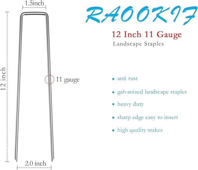 RAOOKIF 12 Inch Galvanized Garden Landscape Staples Stakes, 200Pcs Garden Metal Stakes, 11 Gauge Heavy Duty Ground Stakes for Decoration, Fence Stakes Lawn Stake, Fabric Pins
