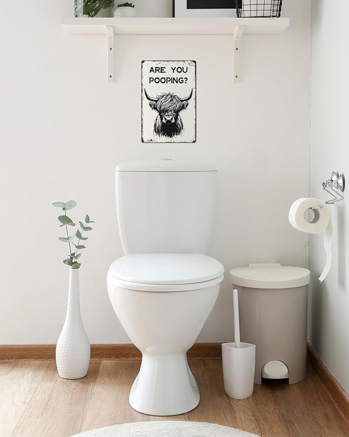 ALKB Funny Highland Cow Are You Pooping Metal Signs Vintage Farmhouse Bathroom Wall Decor Highland Cow Lovers Gift 8 x 12 Inch