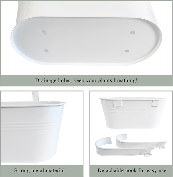 10" Hanging Flower Pots, Pack of 4 White Metal Outdoor Patio Balcony Planter, Railing Planters Fence Pot with Detachable Hook & Drainage Hole for Small Plants (White, 4Pcs)