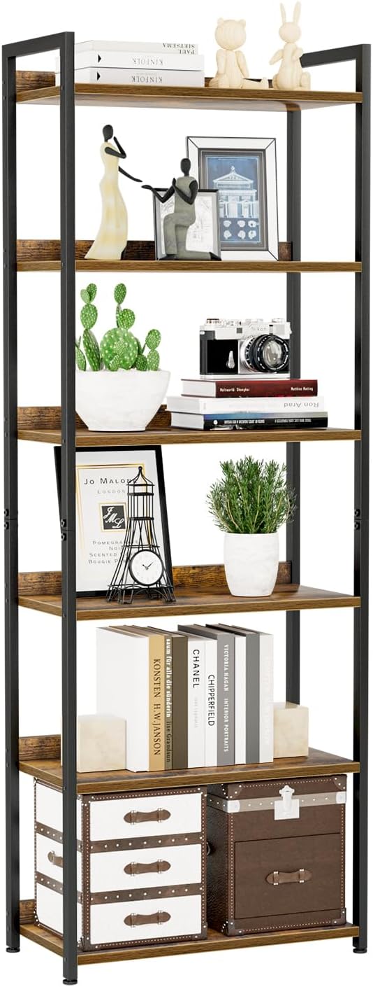 NUMENN Bookshelf, 6 Tier Bookshelves, Home Office Bookcase Shelf Storage Organizer, Free Standing Storage Shelving Unit for Bedroom, Living Room and Home Office, Vintage