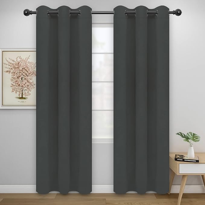 Easy-Going Blackout Curtains for Bedroom, Solid Thermal Insulated Grommet and Noise Reduction Window Drapes, Room Darkening Curtains for Living Room, 2 Panels(46x84 in, Dark Gray)