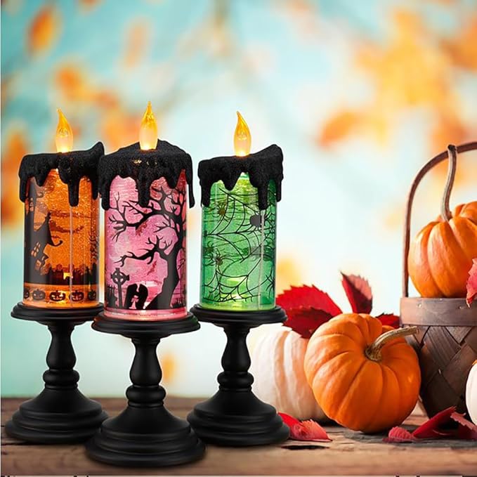 1.Halloween Snow Globe Tornado Flameless Candles Table Centerpiece for Celebration Party,Battery Operated LED Candle with 6 Hours Timer for Home Indoor Halloween Decoration (Spider)