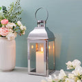 JHY DESIGN Silver Decorative Lanterns 12.5''High Stainless Steel Candle Lanterns with Tempered Glass for Indoor Outdoor Events Parities and Weddings Vintage Style Hanging Lamps