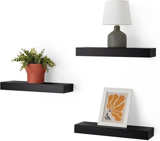 Amazon Basics Wood Floating Wall Shelves, Pack of 3, Black, 15.8" x 5" x 1.8"