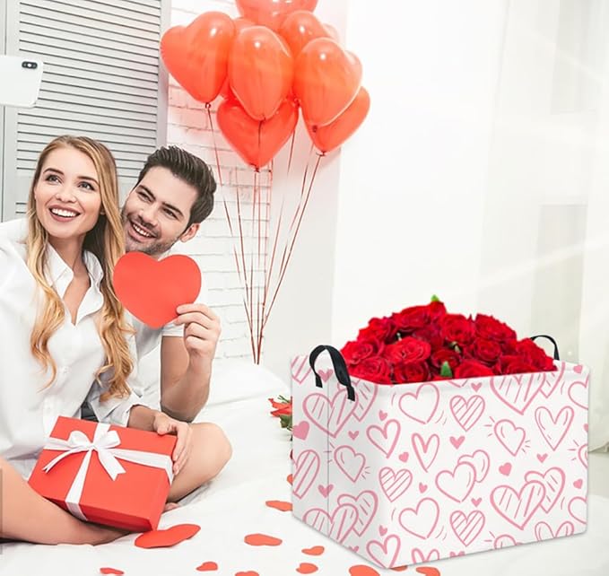 HIYAGON Rectangular Pink Basket Kids Baby Storage Bin Toy Basket Organizer Box for Girls Love Room Decor(Pink Striped Heart)