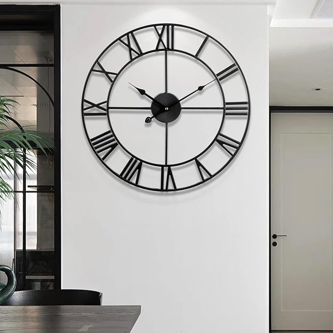 Large Wall Clock for Living Room Decor - 60cm/ 24 Inches Silent Non-Ticking Metal Wall Clocks Battery Operated, Vintage Decorative Modern Wall Clock for Bedroom, Office, Farmhouse Decor