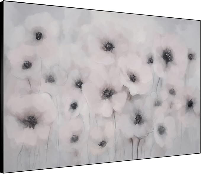 46"x60" Extra Large Framed Wall Art Soft White Poppies Watercolor Floral, Delicate Botanical for Home Living Room Bedroom Decor (Frame Assembly Required)