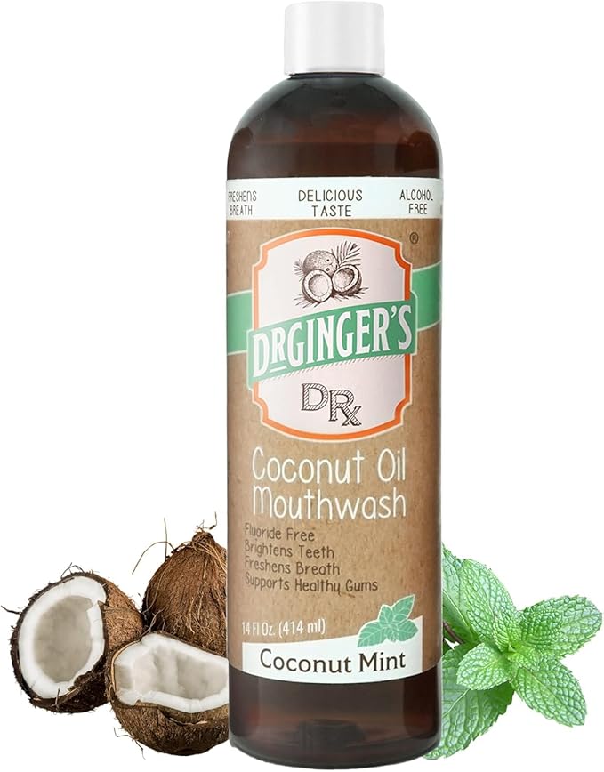 Dr. Ginger’s Coconut Oil Pulling Alcohol Free Mouthwash - Mint Flavor, 14 fl oz Support Gum Health, Tongue, and Teeth Whitening for Adults, Fluoride Free, All-Natural Oil and Xylitol for Bad Breath