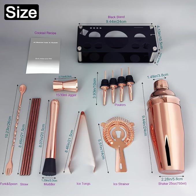 14-Piece Cocktail Shaker Set Bartender Kit with Black Stand, Bar Tool Set for Drink Mixing Bartending Kit Bar Sets Accessories: 750ml(25oz) Shaker, Jigger, Muddler, Cocktail Recipes (Rose Gold)