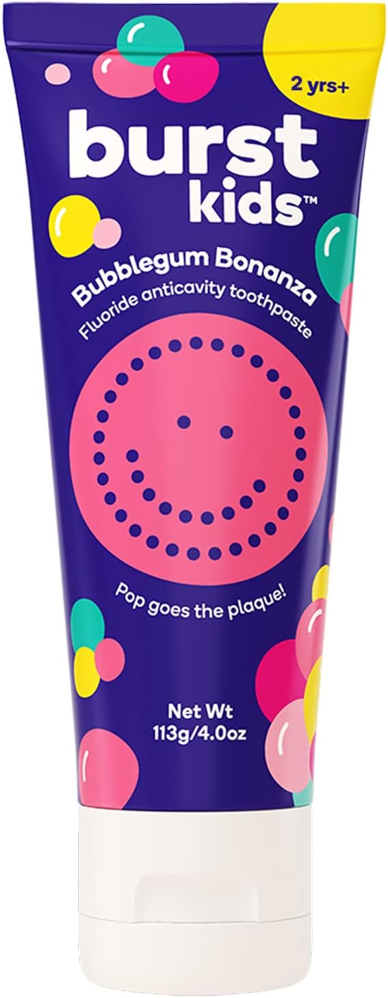 BURST Bubblegum Bonanza Kids Toothpaste with Fluoride (4oz) | Great Tasting | Flavored for Children & Toddlers | Anticavity | Dye Free & Vegan | Safe for Kids Ages 2+