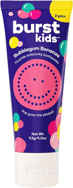 BURST Bubblegum Bonanza Kids Toothpaste with Fluoride (4oz) | Great Tasting | Flavored for Children & Toddlers | Anticavity | Dye Free & Vegan | Safe for Kids Ages 2+