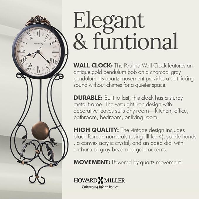 Howard Miller Paulina Wall Clock, Gray Finishes with Golden Pendulum & Quartz Movement, Classic Round White Dial with Roman Numeral Perfect for Home Decor, Living Room & Office Wall Mount